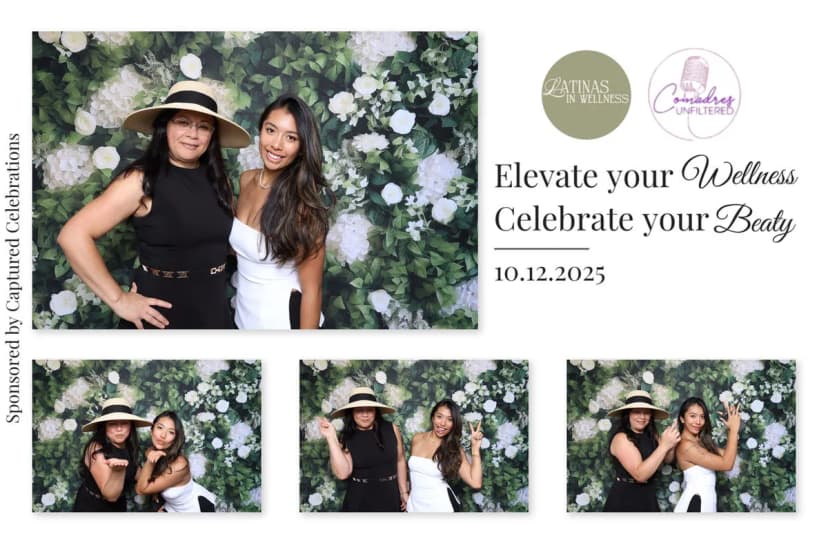 Guests posing at Comadres Unfiltered photo booth in Los Angeles wellness event