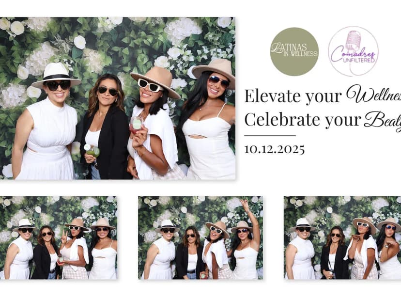 Community members enjoying bilingual photo booth at Los Angeles wellness event