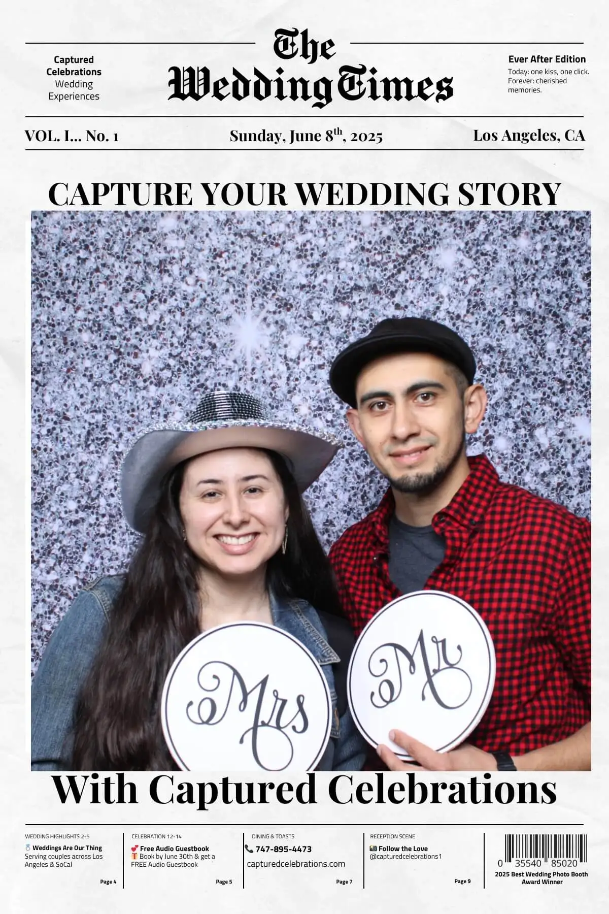 Couple smiling in a photo booth, holding "Mr" and "Mrs" signs. She wears a cowboy hat, he a flat cap. Sparkly gray backdrop, headlines read "The Wedding Times."